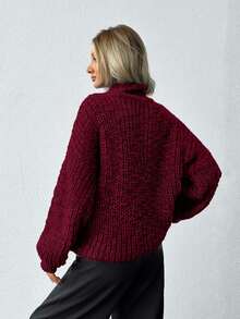 EURMUSE 女士厚纱高领休闲风格常规版型冬季保暖毛衣 - 酒紅色 - 查看 2