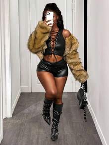 BamGleam 女士 PU 纯色性感系带吊带背心 - 黑色 - 查看 4