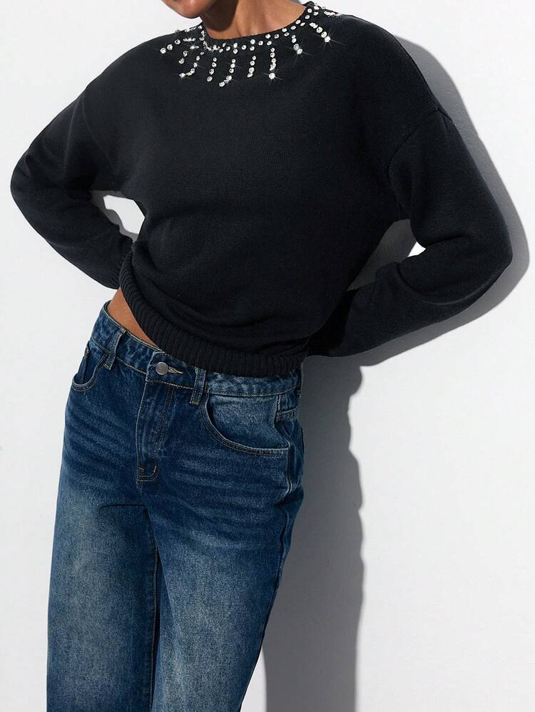 SHEIN Maija Sequin Rhinestone Decor Loose Fit Crew Neck Long Sleeve Knit Sweater For Women, Blue Christmas Christmas Sweater Sequin Sweater In Fall/Winter New Year Saudi National Day Party Old Money Winter For Women Thanksgiving For Women Elegant