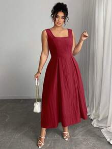 Elenzga 大码女式领结 A 字形抽绳腰部优雅连衣裙，适合生日、夏季、婚礼宾客、毕业典礼 - 酒紅色 - 查看 4