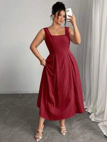 Elenzga 大码女式领结 A 字形抽绳腰部优雅连衣裙，适合生日、夏季、婚礼宾客、毕业典礼 - 酒紅色 - 查看 6