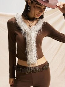 Easelle 两件套西装，刺绣，图案，长袖上衣，衬衫，长裤，水洗棉 - 棕色 - 查看 3