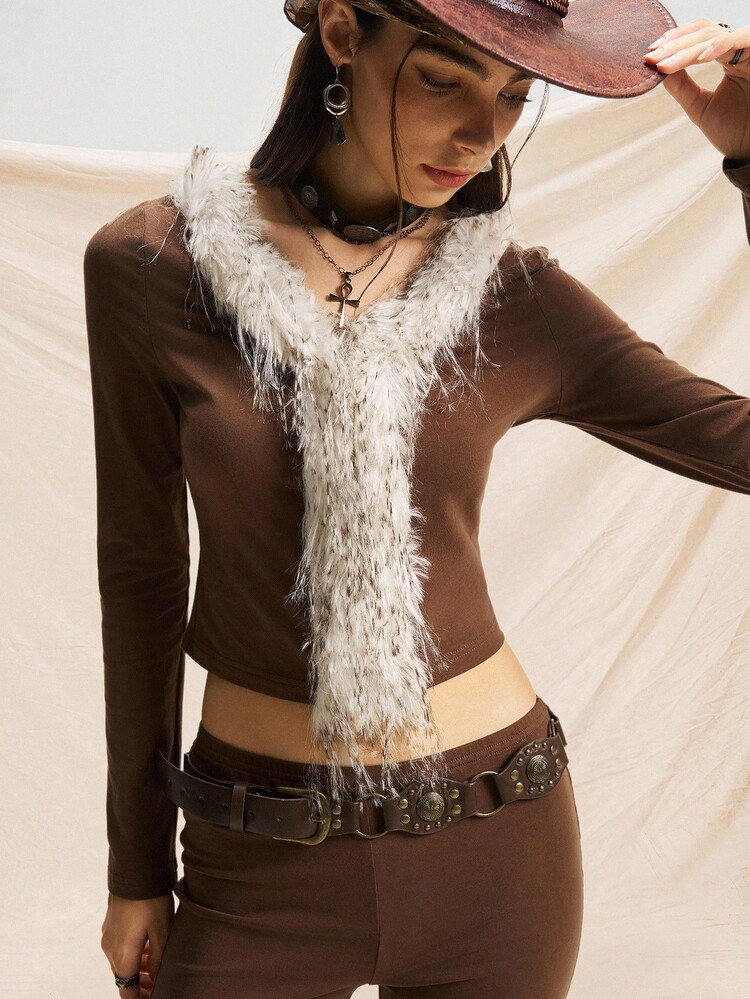 Easelle 两件套西装，刺绣，图案，长袖上衣，衬衫，长裤，水洗棉 - 棕色 - 查看 3