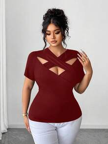 Elenzga 大码女式性感V领交叉短袖镂空系带T恤 - 酒紅色 - 查看 3