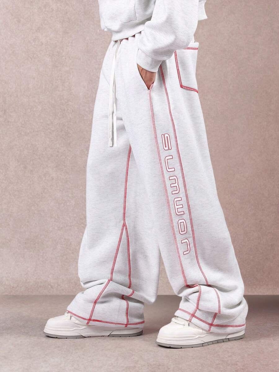 SUMWON Hochtaillierte weite Sweathose mit kontrastierenden roten Nähten, Kordelzug Taille, entspannte Loungewear Jogginghose, Wintermode Komfort Bekleidung