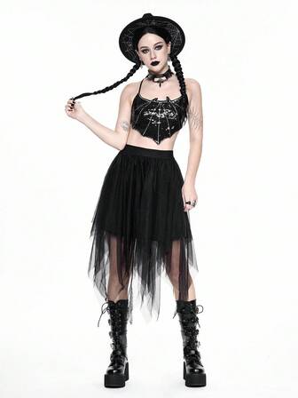 Goth Top sin espalda con murciélagos bordados con lentejuelas, estilo gótico y sexy para mujeres, Halloween