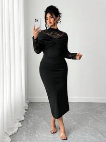 SHEIN Elenzya Plus Size Women's Stand Collar Long Sleeve Fitted Sexy Lace Patchwork Elegant Dress Fall Cloth For Women