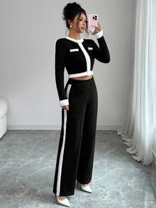 Elenzga Classic Black & White Contrast Color Round Neck Long Sleeve Cardigan With Movable Buttons, Fake Pocket Flaps, Elastic Waistband, Ribbed Cuffs And Hem, Elegant Knit 2 Pieces Set, Versatile For Multiple Occasions Fall Winter Cloth For Women - Multicolor - View 3