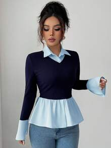 Elenzga Women's 2 In 1 Woven Patchwork Shirt Collar V-Neck Long Sleeve Fitted Flared Hem Elegant Blouse, Spring/Autumn/Winter Fall Cloth For Women