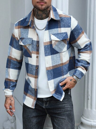 Manfinity Homme Men's Plaid Long Sleeve Single-Breasted Casual Utility Pocket Jacket, Autumn/Winter Flannels For Men, Perfect Holiday Gift For Boyfriend & Husband