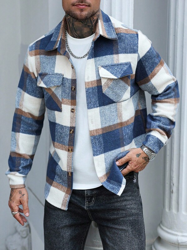 Manfinity Homme Men's Plaid Long Sleeve Single-Breasted Casual Utility Pocket Jacket, Autumn/Winter Flannels For Men, Perfect Holiday Gift For Boyfriend & Husband