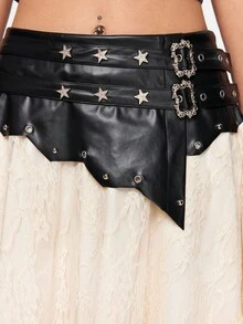 ROMWE Grunge Punk Romantic Punk PU Contrast Lace Heavy Rivet Design Women's Skirt - Multicolor - View 2