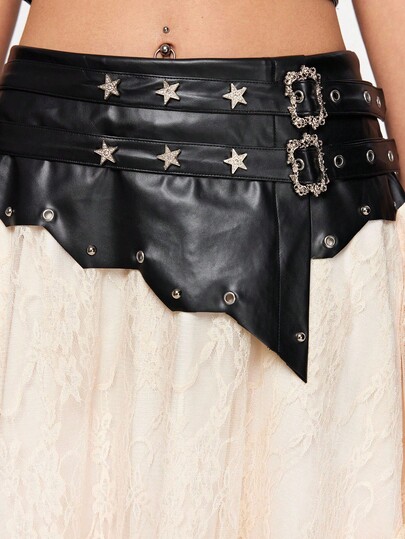 Grunge Punk Jupe femme design romantique punk en PU avec dentelle contrastée et rivets lourds
