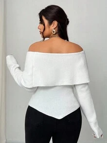 Elenzga Women's Elegant Christmas & New Year White Daily Open Shoulder Solid Color Shawl Collar Off Shoulder Long Sleeve Metal Rhinestone Decor Ruched Fitted Short Plus Size Knit Sweater - White - View 4