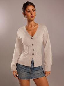 SHEIN Forever 21 Fall & Winter V-Neck Fitted Kawaii Clothes Funny New Years Eve Party Women Long Sleeve Women Cardigan Sweater , Y2k Clothes Street Wear Women Knitted Women Sweater - Apricot - View 4