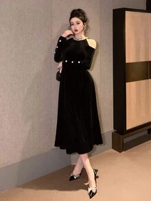 DAZY Váy dự tiệc thanh lịch khoét vai và đính đá, dáng dài vừa phải dành cho nữ, váy dạ hội mùa thu - màu đen - Xem 8