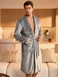 Manfinity Underwear&Sleepwear Basics Plush Crown Embroidery Long Sleeve Loose Fluffy Robe For Men, Fall Winter, Cozy - Grey - View 4