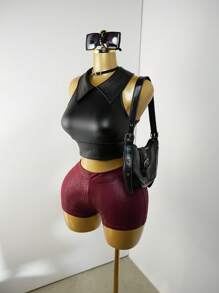 BamGleam Camiseta de tirantes minimalista de PU 2025: Top de cami con ajuste ceñido estilo Y2K - Uso casual de otoño a ropa de club - Negro - Ver 5