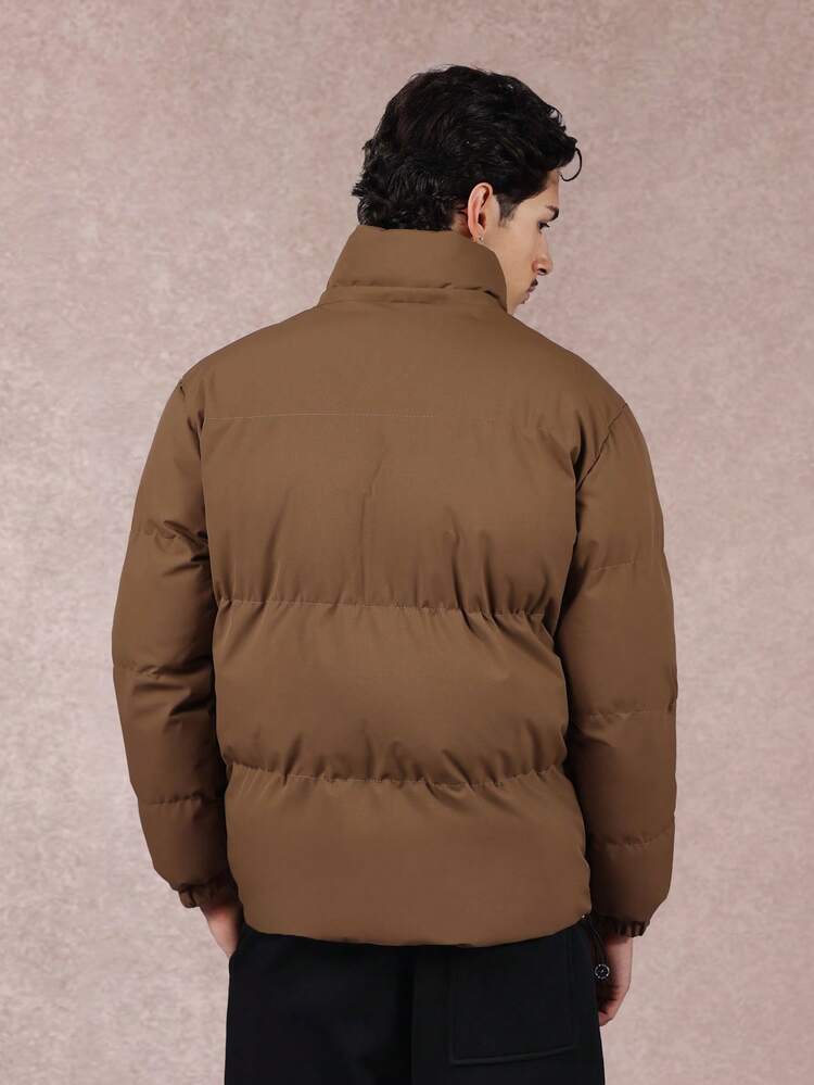 Quilted Puffer Jacket With Stand Collar And Drawstring