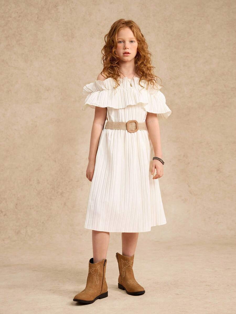 Tween Girl Cold Shoulder Ruffle Trim Belted Dress Summer Holiday
