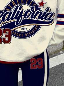 SHEIN Teen Girls Casual Retro Letter & Number Badge Graphic Pullover Hoodie And Flare Leg Pants 2 Pieces Outfit Set, Sporty College Style, Fall, Cute, Kawaii Winter - Multicolor - View 4