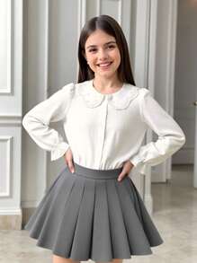 SHEIN Tween Girl Ruffle Collar Petal Trim White Blouse Suitable For Back To School - White - View 9