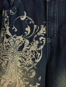 ROMWE Grunge Punk Relaxed Fit Grunge Vintage Oversized Cross & Vine Print Women Low Waist Jeans