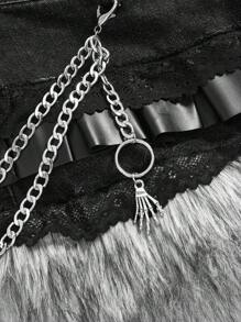 ROMWE Grunge Punk Y2K Vintage Patchwork Furry PU Metal Spider Skull Pendant Super Short Denim Mini Skirt