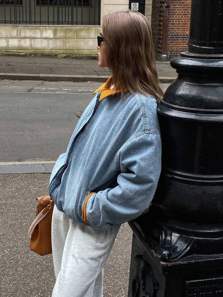 Color Block Collar & Cuff Loose Denim Jacket For Women, Autumn/Winter Women Coats