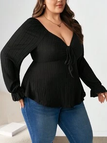 Enliva Quần áo dài tay thường ngày cỡ lớn cho nữ mùa thu, buộc ở ngực, vải mềm mại và thoải mái, áo phông đẹp cho mặc ở nhà và đi chơi, áo phông dài tay cổ hình trái tim màu trơn viền xếp nếp - màu đen - Xem 5