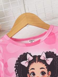 SHEIN 女嬰卡通愛心印花T恤與內搭褲套裝，適合婚禮、派對、舞會、生日、萬聖節、畢業季，秋季粉黑配色可愛爸爸的小女孩 - 彩色 - 查看 3