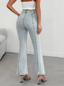 EURMUSE 98%纯棉高腰修身休闲喇叭裤 - 淺色水洗藍 - 查看 2