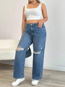 EURMUSE 100% Cotton Plus Size Women Knee Ripped Pockets Waist Elastic Straight Leg Jeans - Light Wash - View 3