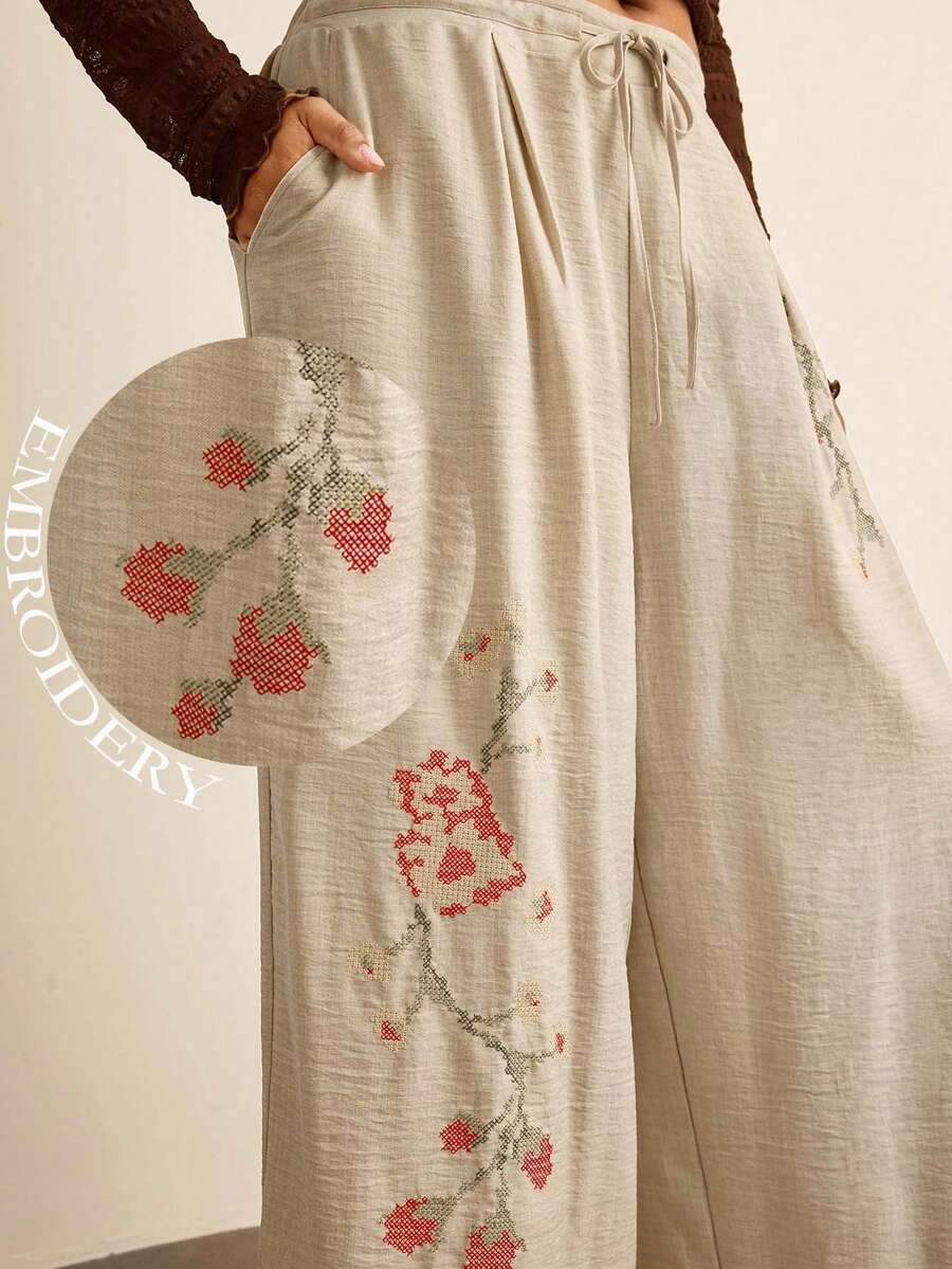 SHEIN VCAY Pantalones anchos de pierna ancha con cordón, de ajuste holgado y casual para mujer de talla grande. Pantalones versátiles de estilo occidental, bohemio, para trabajo, salir y festivales, ideales para otoño e invierno. - Albaricoque - Ver 1