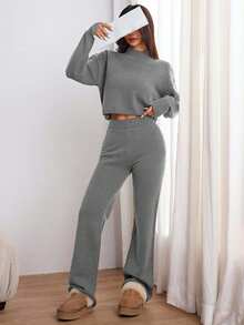 EURMUSE Women's Casual Daily Simple Solid Color High Neck Loose Sweater And Flared Sweater Pants 2 Pieces Set, Autumn/Winter - Light Grey - View 5