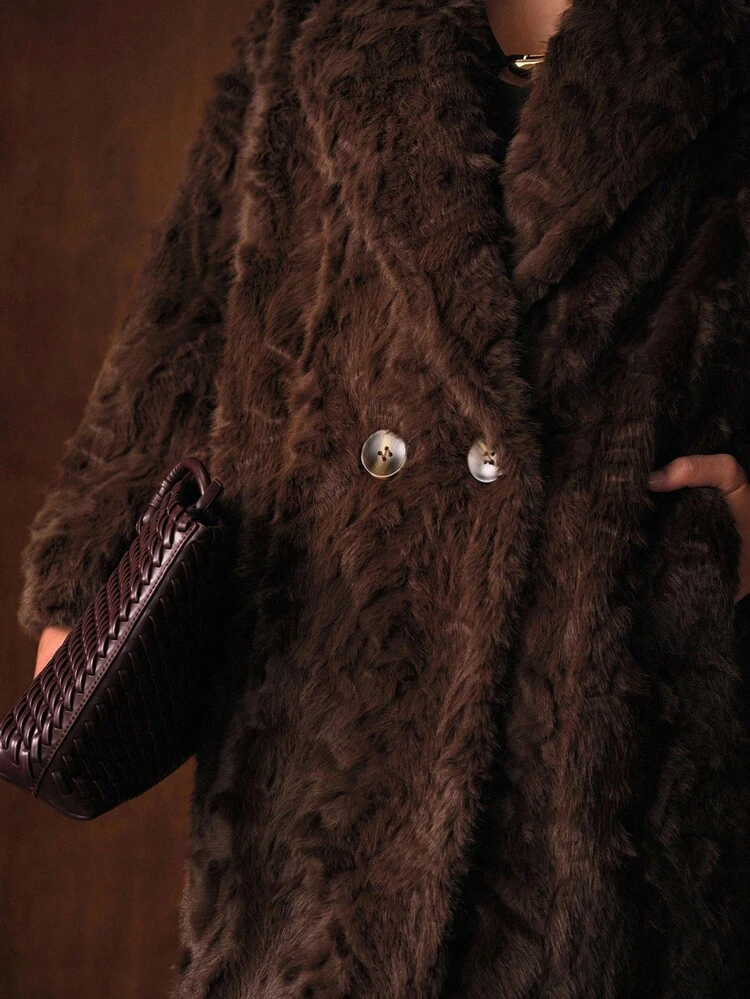 SOLID LAPEL COLLAR SLANT POCKET DOUBLE BUTTON PLACKET FAUX FUR COAT , FALL WINTER