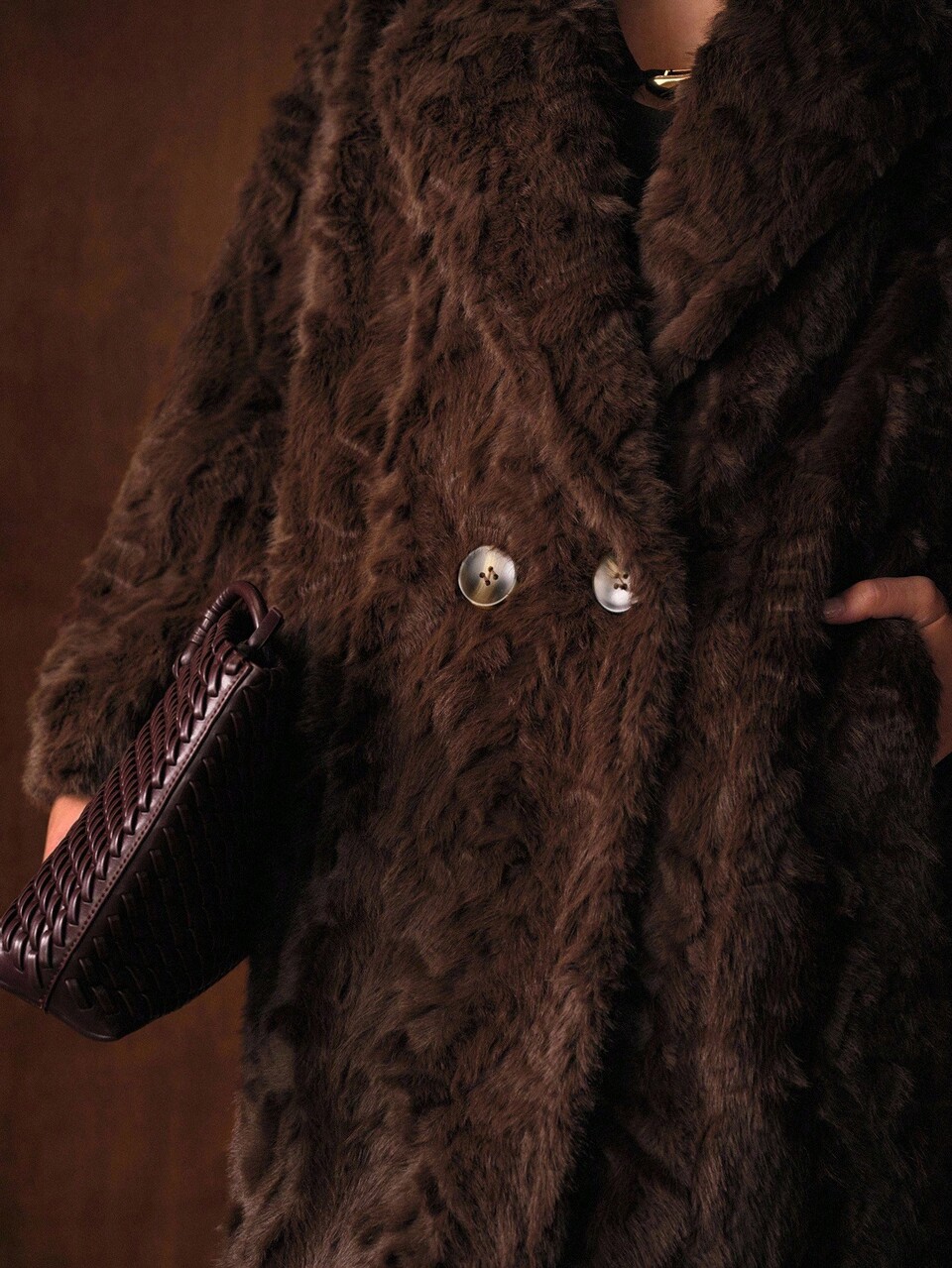 SOLID LAPEL COLLAR SLANT POCKET DOUBLE BUTTON PLACKET FAUX FUR COAT , FALL WINTER
