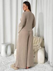 Auralis Conjunto de 2 piezas elegante de chaqueta de manga larga con cuello en V y pantalones de pierna ancha en talla grande