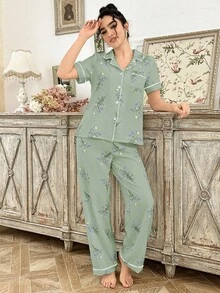 CottageSlumber Bộ đồ ngủ lụa in hoa cho nữ có túi viền tương phản Bộ đồ ngủ lụa cho nữ Bộ đồ ngủ màu xanh lá cây xô thơm Bộ đồ ngủ họa tiết hoa Đồ ngủ cho nữ - màu xanh lá - Xem 5