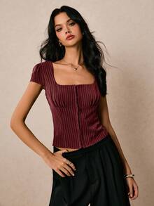 Poéselle 女式上衣 条纹上衣 短袖衬衫 女式衬衫 短款上衣 女式夏季休闲条纹修身上衣 上衣 乡村音乐会 音乐会 女式生日 街头服饰 节日 - 紅色 - 查看 3