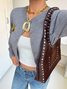 SHEIN EZwear Women's New Metal Buckle Decor Round Neck Cardigan In Fall/Winter