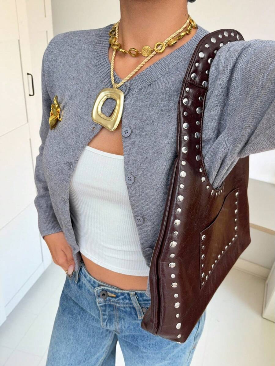 SHEIN EZwear Women's New Metal Buckle Decor Round Neck Cardigan In Fall/Winter