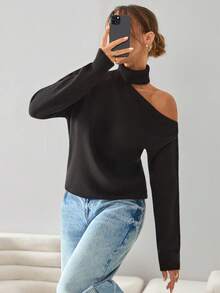 Maglione casual da donna a collo alto, con spalle scoperte e maniche a goccia, in tinta unita