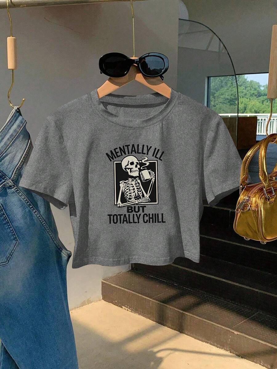 Women's Letter & Skull Graphic Round Neck Short Sleeve Casual Cropped T-Shirt - Dark Grey - View 1