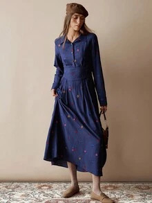 Váy dài tay thanh lịch, dáng dài vừa phải dành cho nữ, phong cách Bohemian mùa thu/đông, trang phục công sở thường ngày dự tiệc tốt nghiệp dành cho nữ - Màu xanh lam - Xem 3