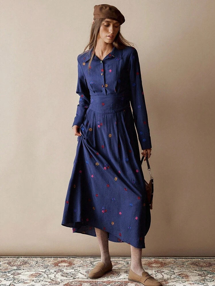 Florisole Váy dài tay thanh lịch, dáng dài vừa phải dành cho nữ, phong cách Bohemian mùa thu/đông, trang phục công sở thường ngày dự tiệc tốt nghiệp cho nữ - Màu xanh lam - Xem 3