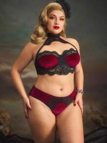 Plus Size Lace Patchwork Palace Style Velvet Heart-Shaped Lingerie - Burgundy - View 6