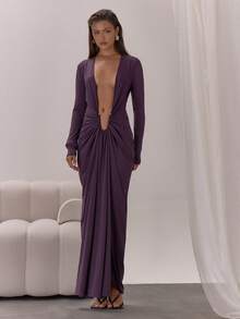 MUSERA 极致深V领长袖连衣裙，优雅性感，适合夜晚外出、度假、秋季派对等场合。 - 紫色 - 查看 5