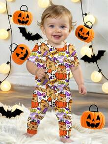 SHEIN 万圣节男婴南瓜熊印花长袖连体衣，适合幼儿的可爱秋季睡衣，柔软拉链连体衣，不给糖就捣蛋服装 - 彩色 - 查看 1