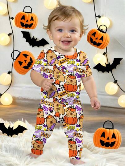 SHEIN Halloween Baby Boy Pumpkin Bear Print Long Sleeve Romper, Cute Fall Sleepwear For Toddlers, Soft Zip-Up One Piece, Trick Or Treat Outfit